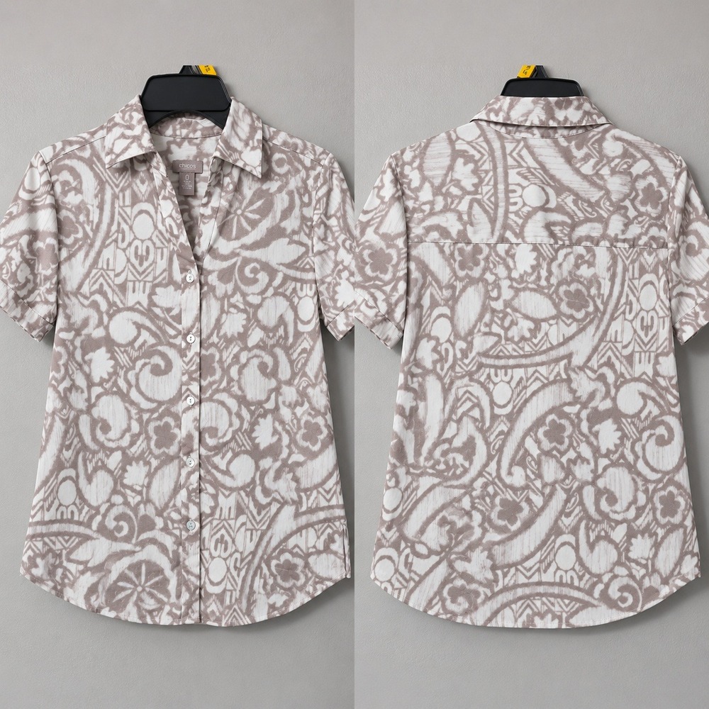 Chicos Size 0 Short Sleeve Button Up Shirt Neutral Abstract Paisley Print Top